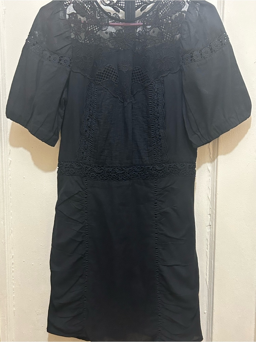 Zara Black Lace Lined Mini Dress Side Ruching Puff Sleeves Sz S  Cotton W/Lac